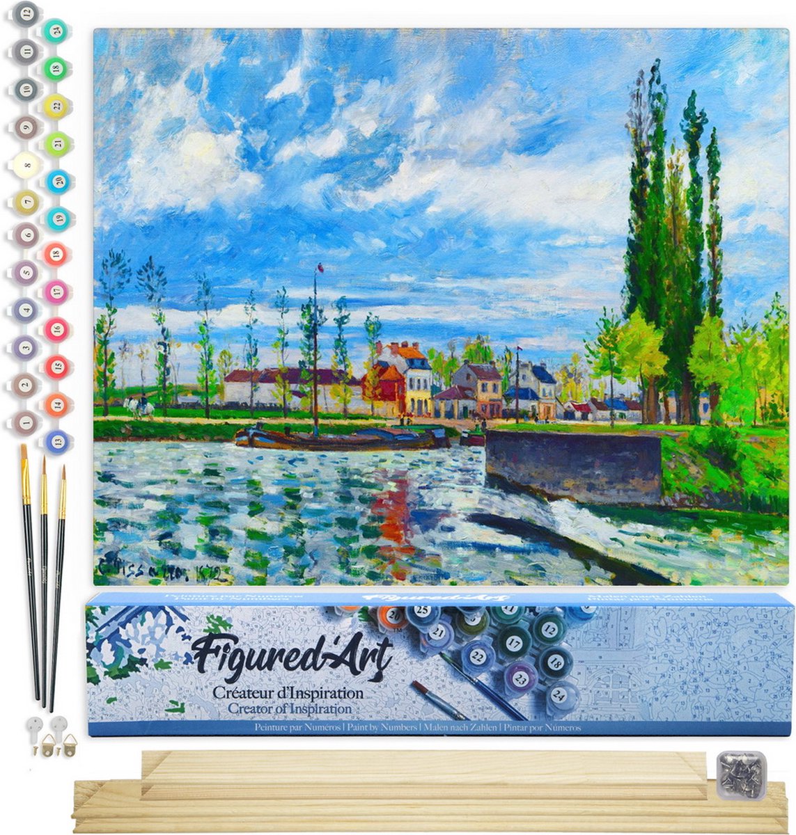 FiguredArt Schilderen op Nummer Volwassenen canvas De sluis bij Pontoise - Camille Pissarro - Handwerk acrylverf Kit DIY Compleet - 40x50cm met DIY houten lijst